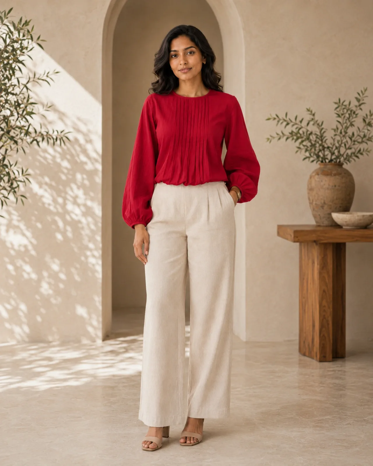 Model wearing the Alice pintuck top in red