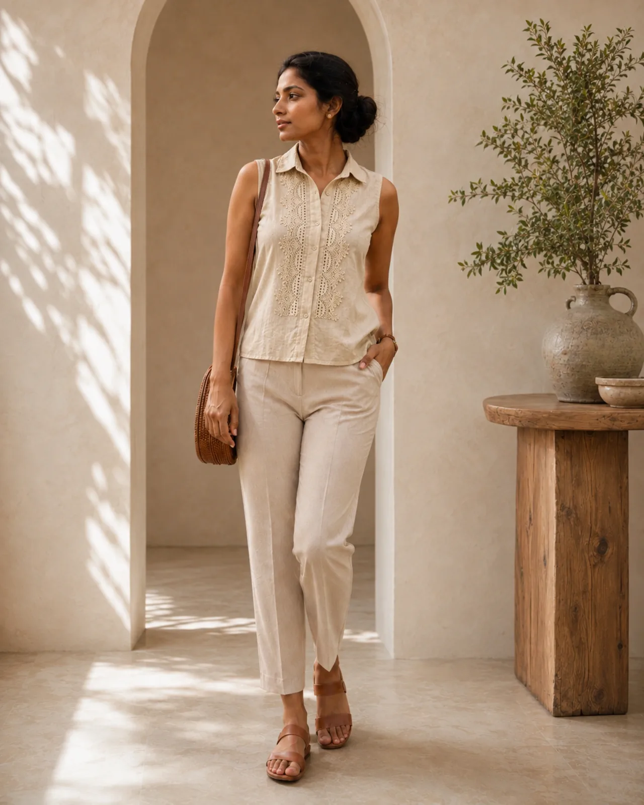 Model wearing the Ally crochet detail top in beige