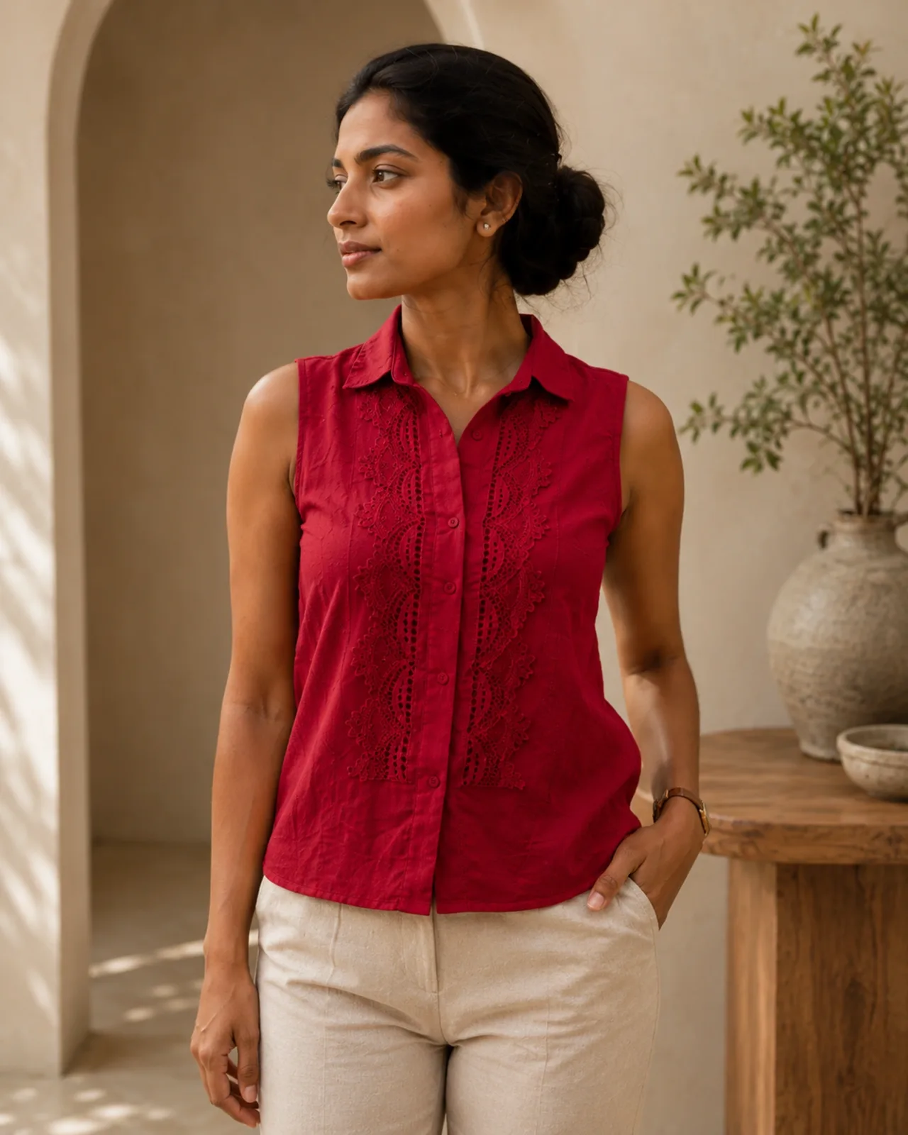 Close view of dyed crochet panels on the Ally top in red