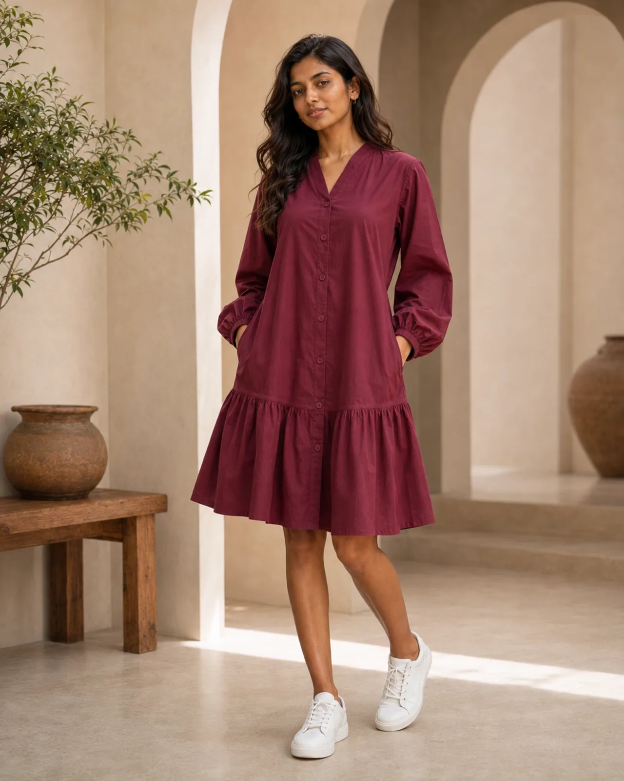 Tatiyana frill dress in burgundy