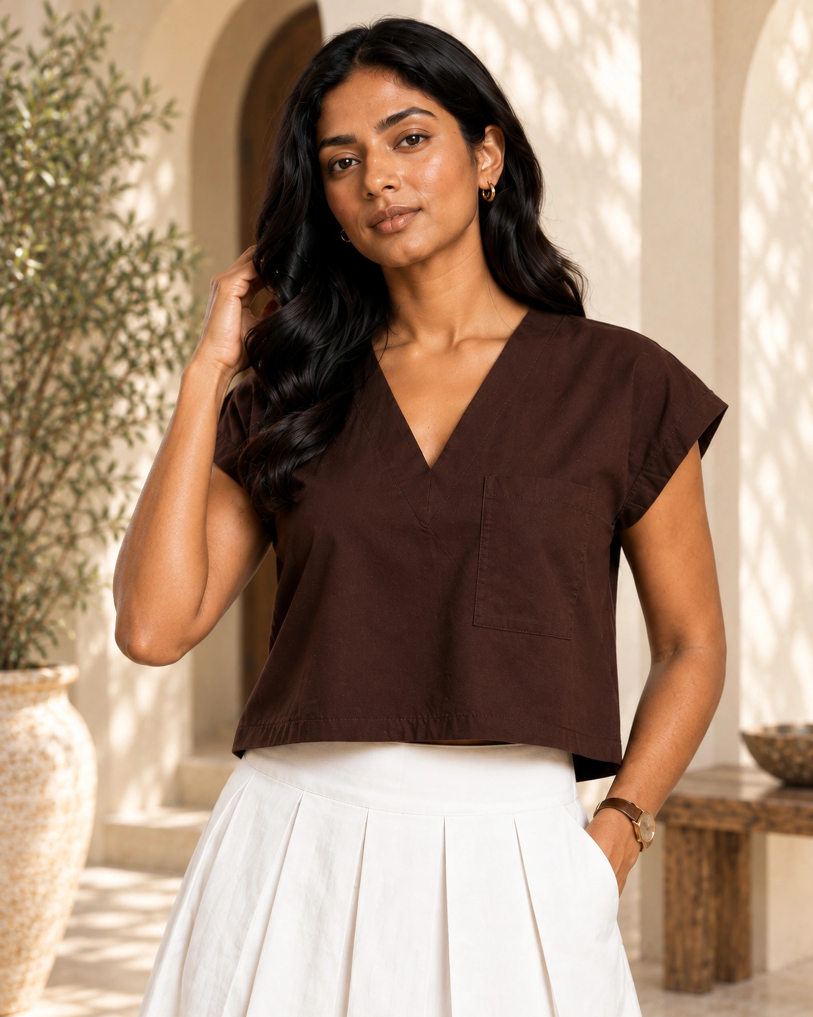 Ramona Cotton Solid Crop Top V Neck Drop Sleeve Washed - Image 6
