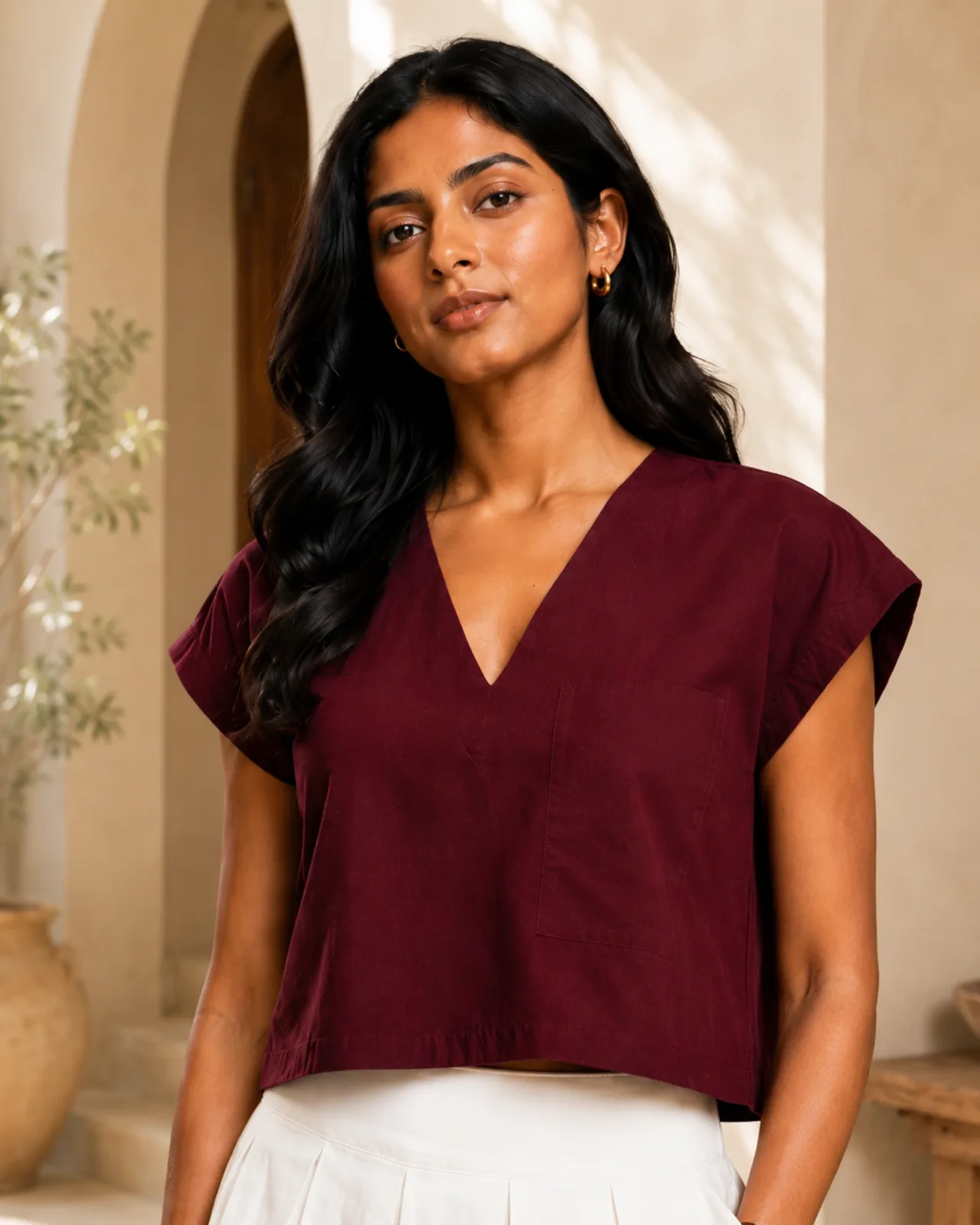 Close view of the Ramona crop top in burgundy