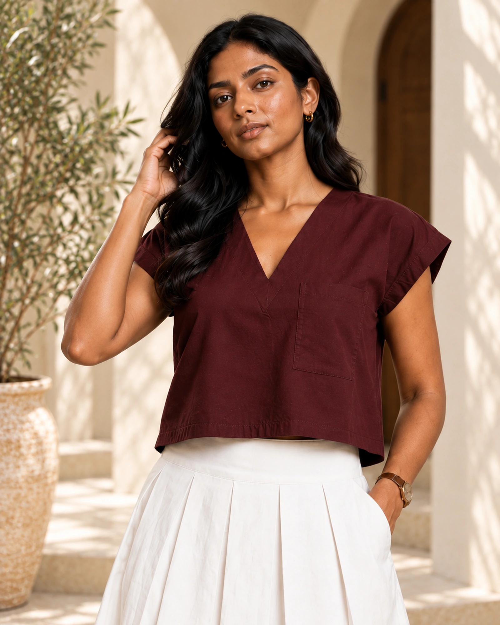 Ramona Cotton Solid Crop Top V Neck Drop Sleeve Washed - Image 5