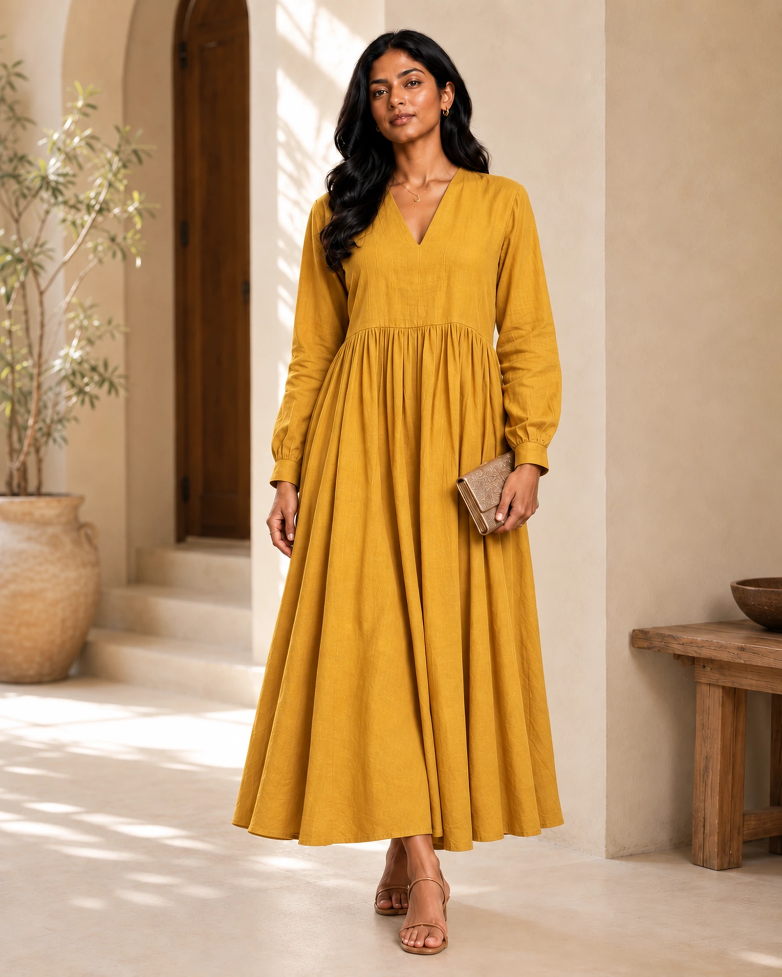 Casandra Cotton Blend Linen V Neck Long Sleeved Long Dress - Image 2