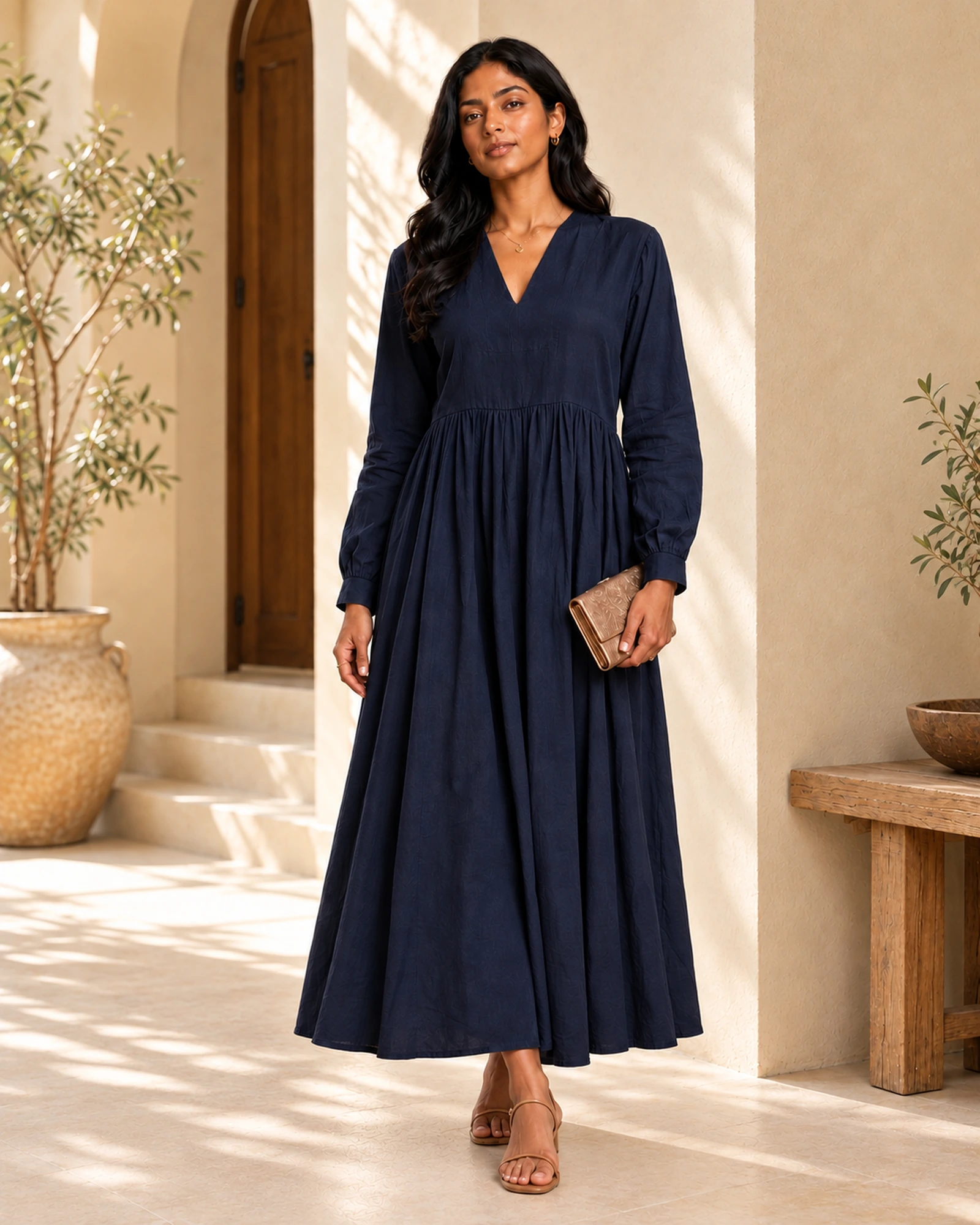 Casandra Cotton Blend Linen V Neck Long Sleeved Long Dress