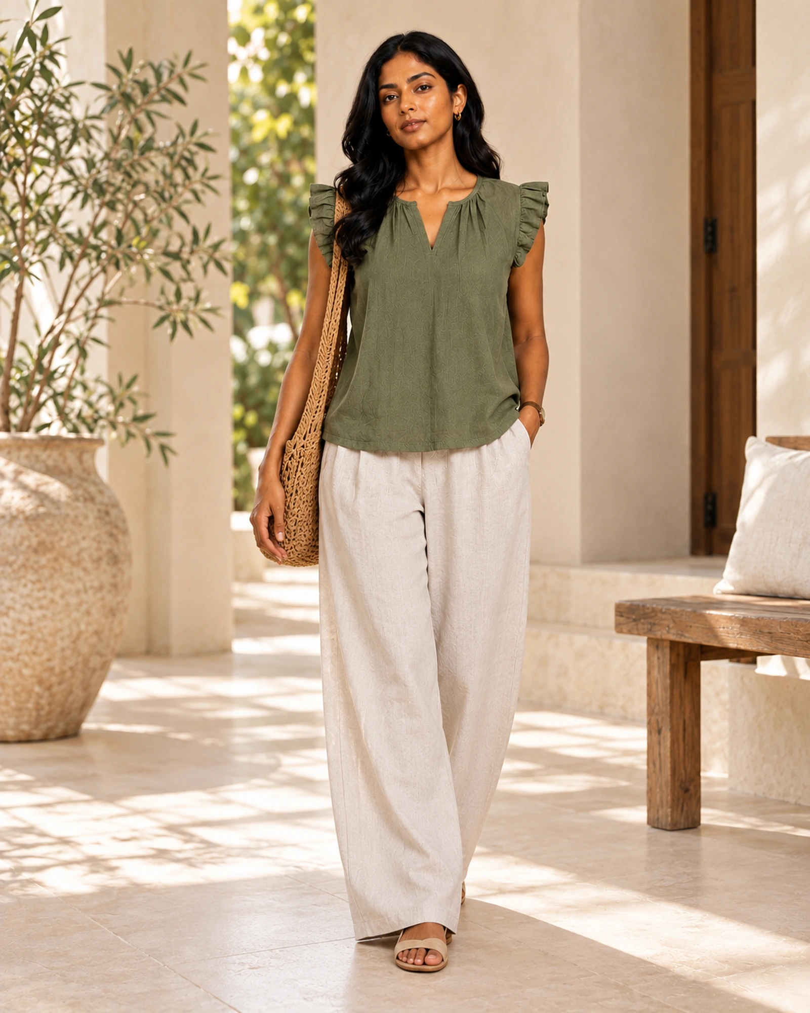 Fiona Cotton Solid Round Nech Ruffle Sleeves Top - Image 2