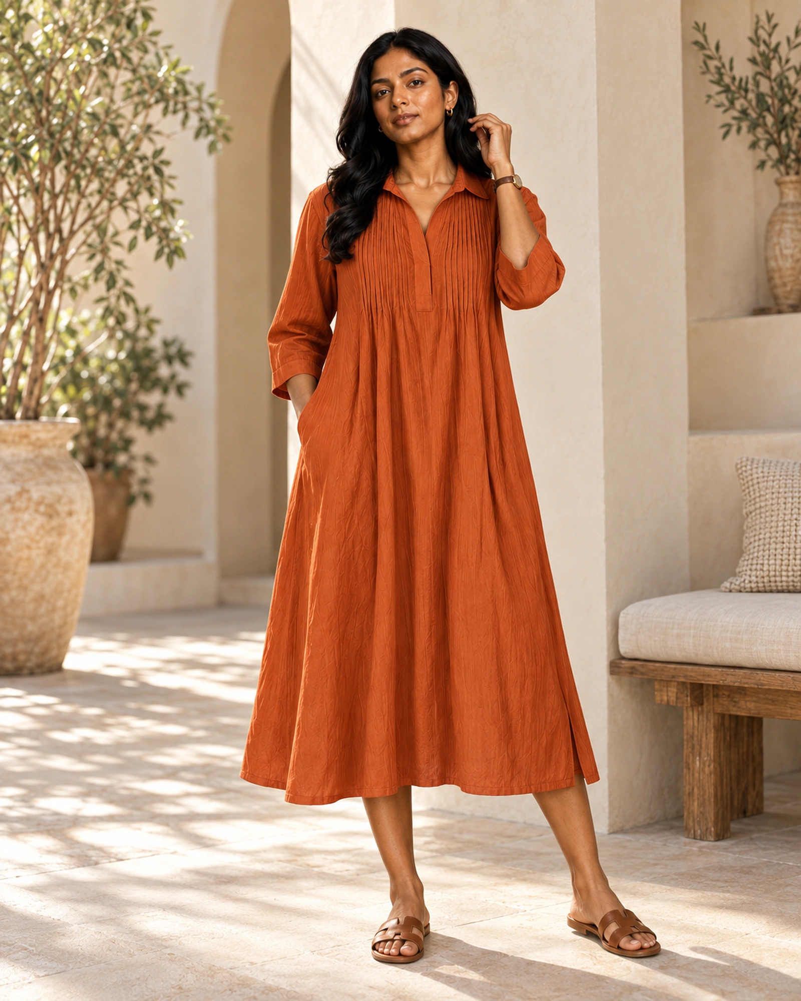 Liona Cotton Front Pin Tuck Dress With A Collar - Image 2