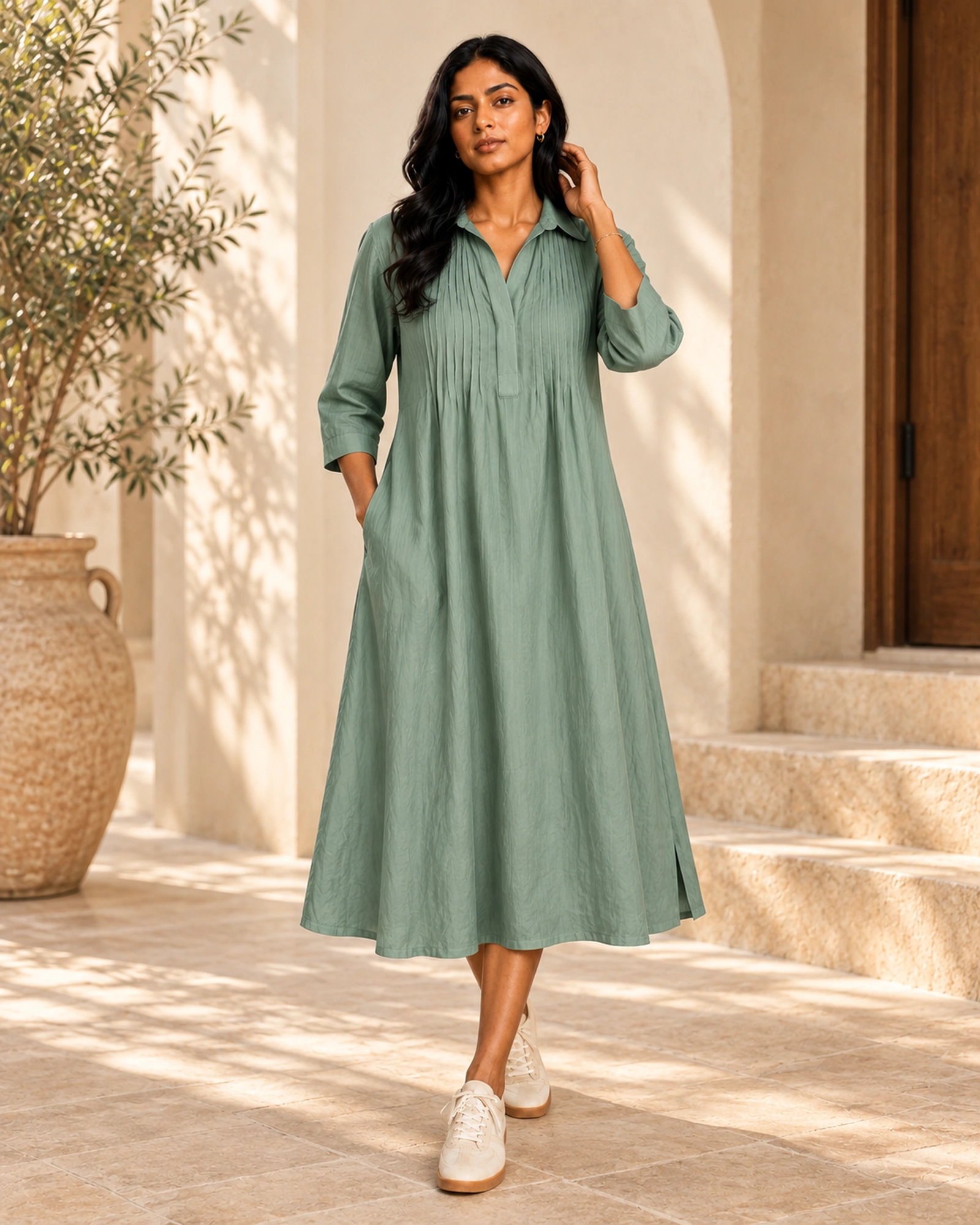 Liona Cotton Front Pin Tuck Dress With A Collar