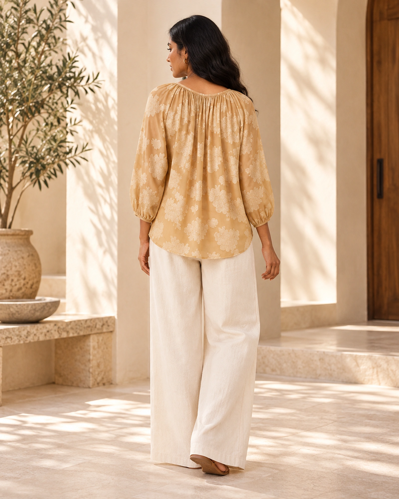 Poppy-Chiffon Raglan Sleeve Self Embossed Blouse - Image 4