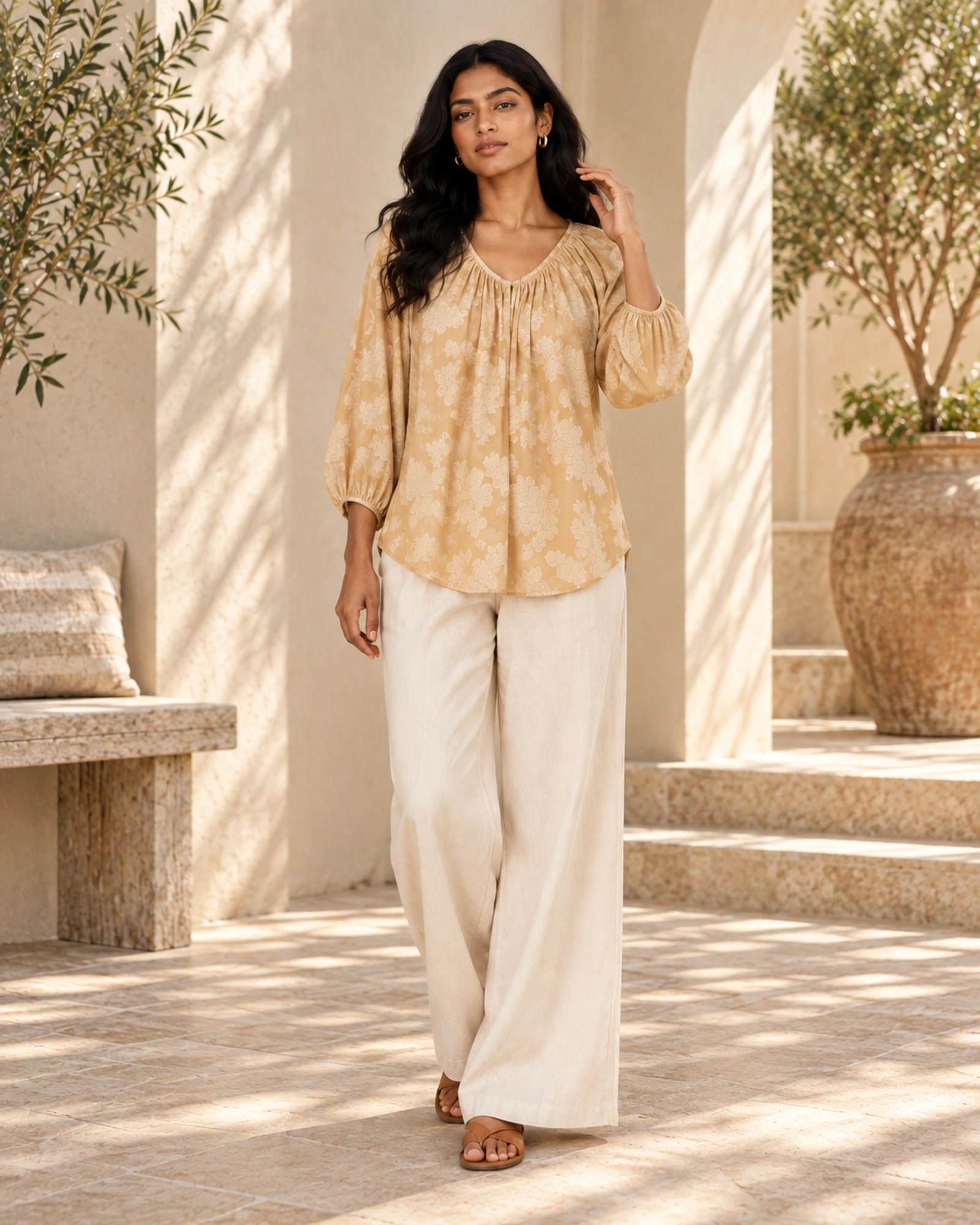 Poppy-Chiffon Raglan Sleeve Self Embossed Blouse