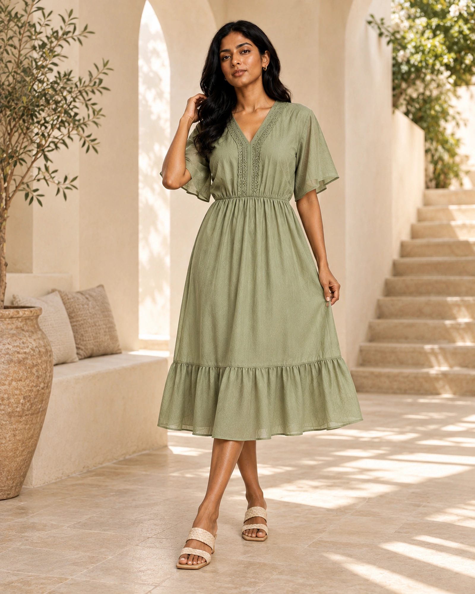 Stella-Solid V Neck Crochet Attached Midi Dress