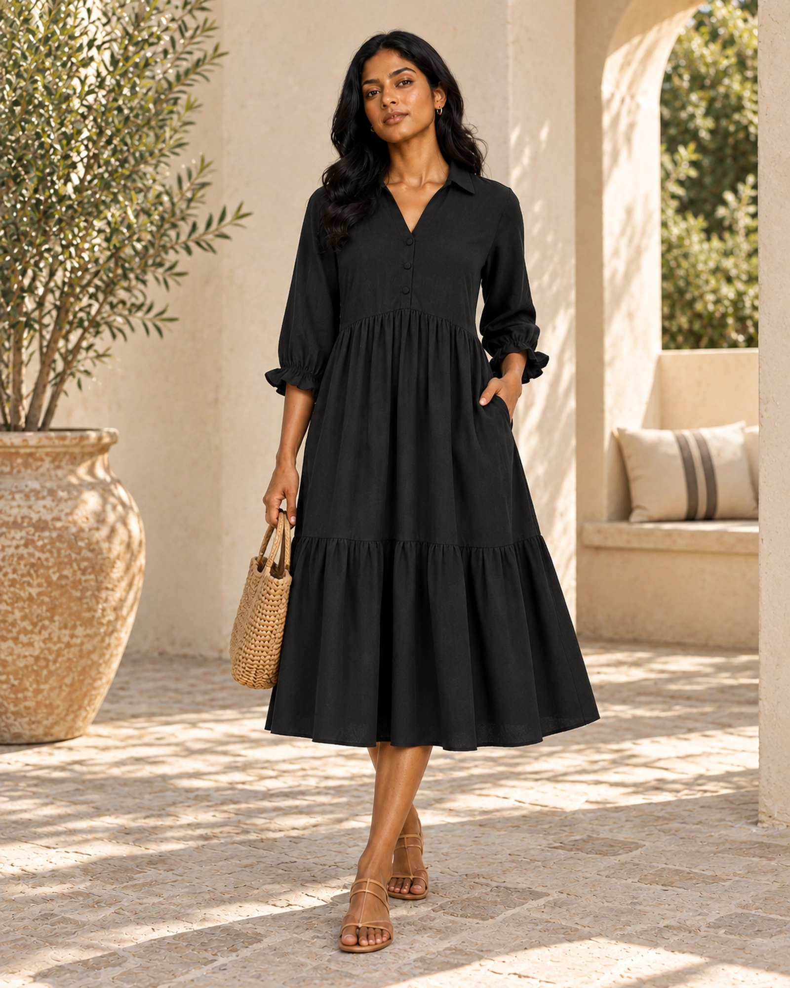 Dona-High Waist Tiered Long Dress