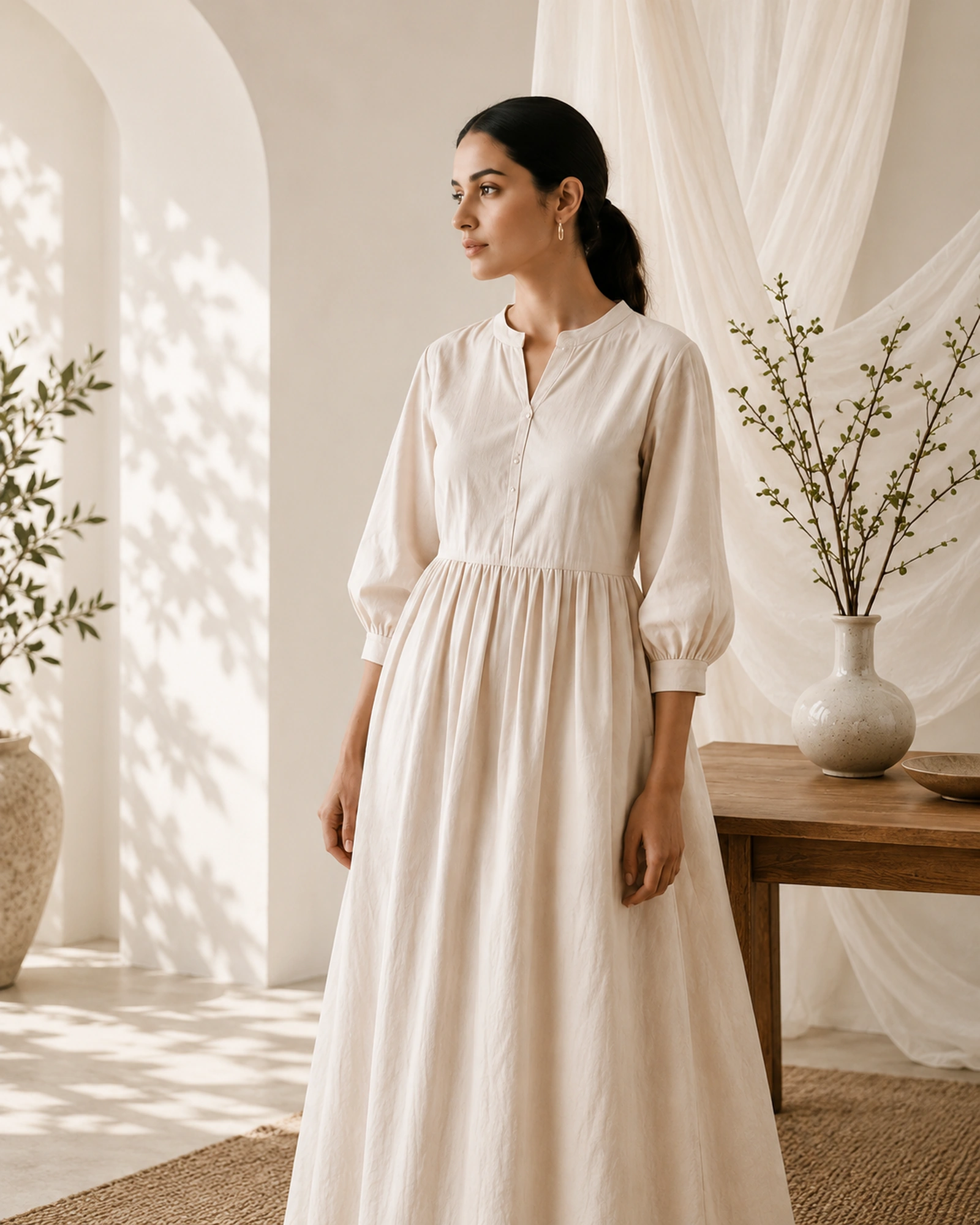 Woman in a cream Sera Nee cotton dress with a stand collar and gathered sleeves, standing in a sunlit room