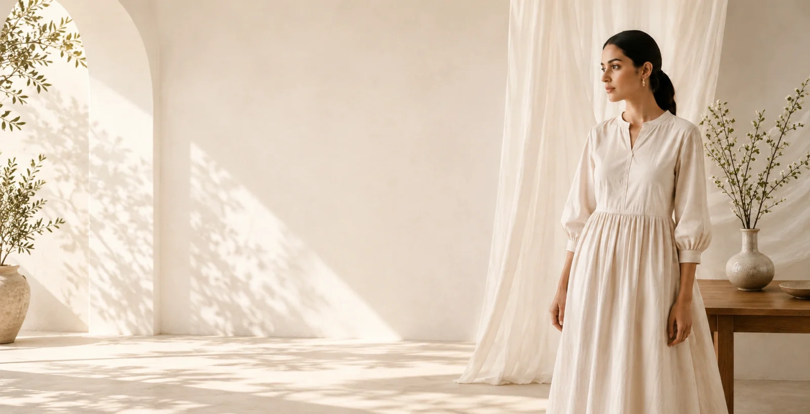 Woman in a cream Sera Nee cotton dress with gathered sleeves, standing in a sunlit room with an arched wall and olive branches