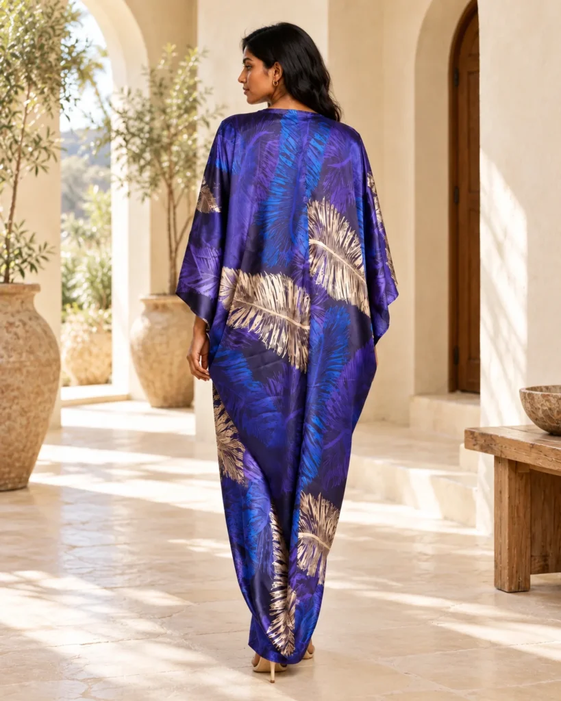 Lottie kaftan dress in black, purple and silver, back view