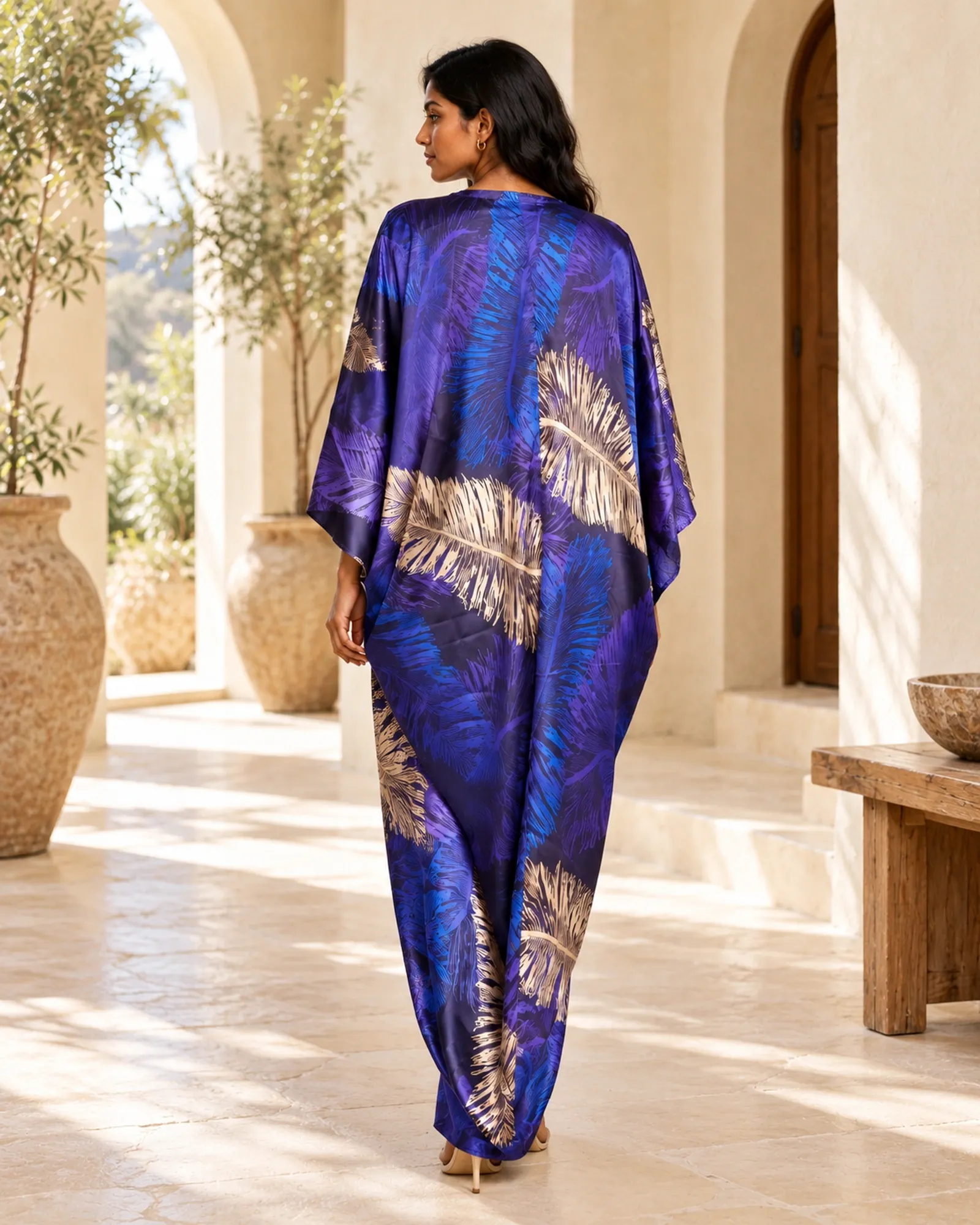 Lottie kaftan dress in black, purple and silver, back view