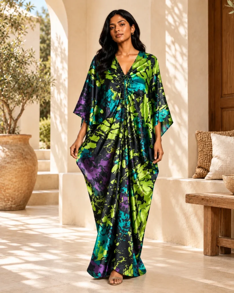 Lottie kaftan dress in luminous green and black, back view