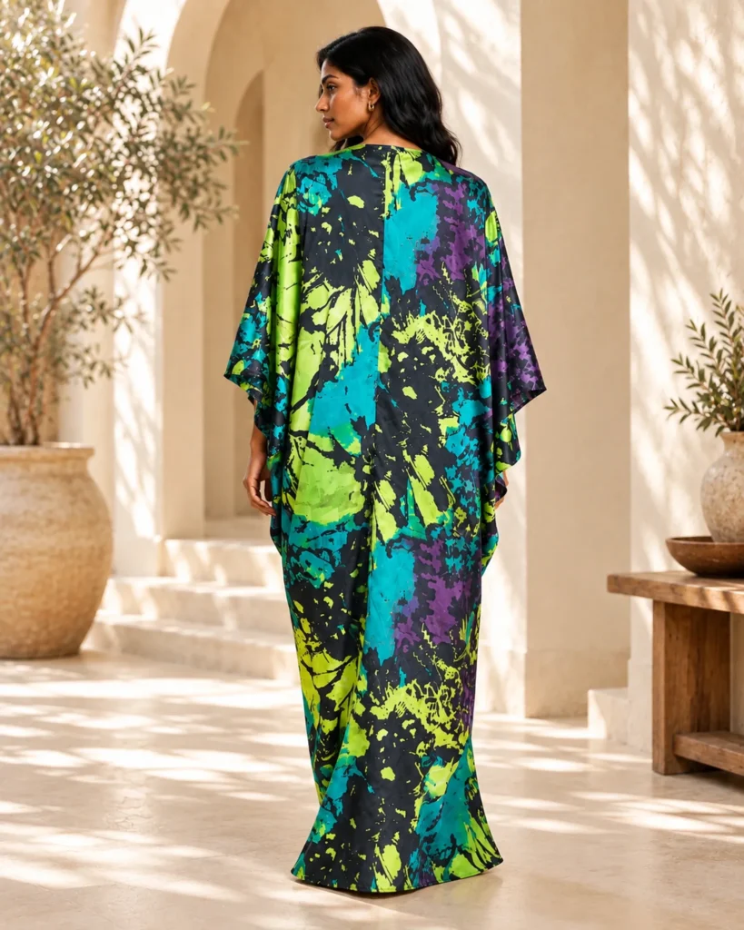 Lottie kaftan dress in luminous green and black, front view