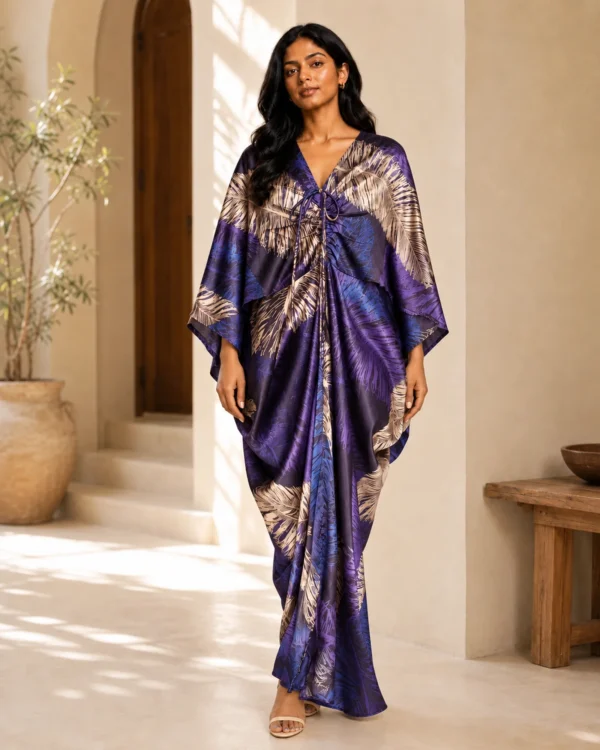 Lottie kaftan dress in black, purple and silver, front view