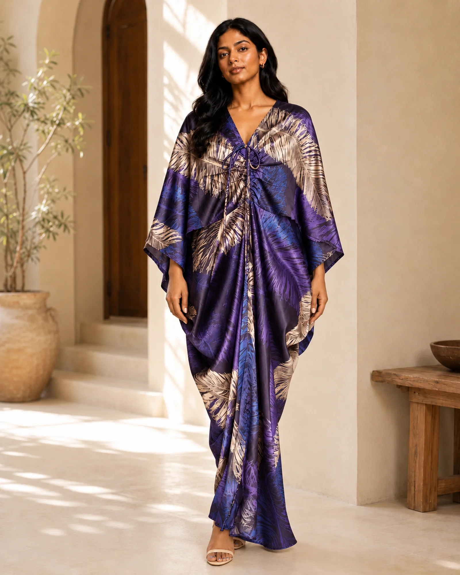 Lottie kaftan dress in black, purple and silver, front view